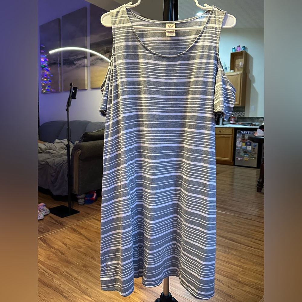 Faded Glory Navy and White Striped Cold Shoulder Midi Dress